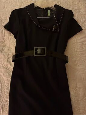Sz 6 Tahari Classic Black Women’s Sheath Dress with Asymmetrical Collar